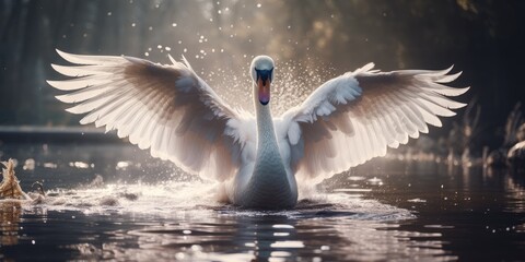 a image Shining white feathered swan sitting on a green lake, AI Generative