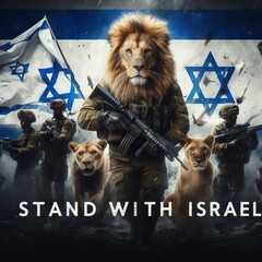 Wall Mural - Generative AI image of Israeli soldiers an a lion over a flag of Israel as a background