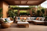 Fototapeta  - A rattan sectional sofa and ottomans with premium cushions create an elevated outdoor living room.