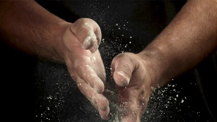 Sticker - The cook's hands are covered in flour. Filmed on a high-speed camera at 1000 fps. High quality FullHD footage