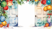Watercolor Illustration Christmas Decorated Door On White Background, Light, Postcard Greeting Invitation