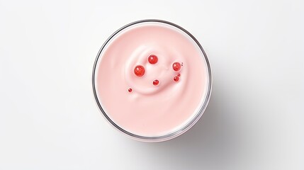 Poster - Glass of pink strawberry milkshake or cocktail isolated on white background. From top view