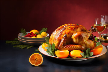 Wall Mural - Traditional thanksgiving dinner with roasted chicken turkey herbs and spices, vegetables, orange and wine on red background