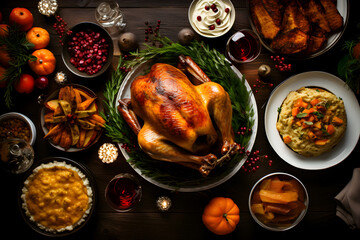 Wall Mural - Traditional thanksgiving dinner with roasted chicken turkey herbs and spices, vegetables with wine and other food on dark background