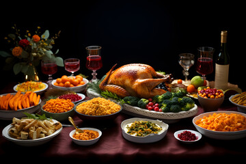 Wall Mural - Traditional thanksgiving dinner with roasted chicken turkey herbs and spices, vegetables with wine and other food on dark background