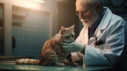 Sticker - Veterinarian checks cat leg in vet clinic. Close up of gloved vet doctor exams pets.