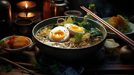 Poster - Hot Noodle Curry Asian Hong Kong Japanese Ramen Soup Hot Food South Asian Egg Mushroom Chopsticks SeaWeed Bouillon Cabbage Steamy Food Dark Mood