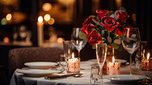 Elegant Table Setting With Candles In Restaurant. Selective Focus. Romantic Dinner Setting With Candles On Table In Restaurant.