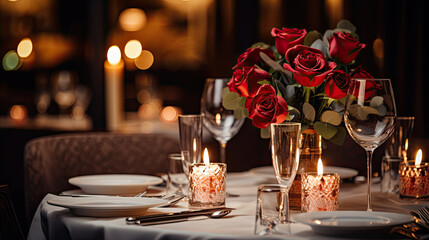 Elegant table setting with candles in restaurant. Selective focus. Romantic dinner setting with candles on table in restaurant.