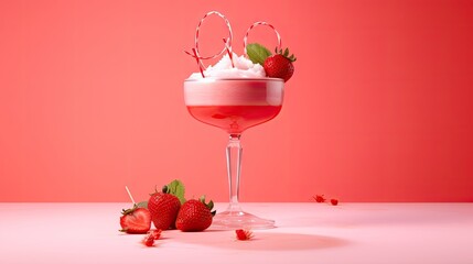 Poster - Pink Background with strawberry smoothie in a cocktail glass and strawberries and white podium in . Production of cosmetics based on strawberry. Blank space for advertising
