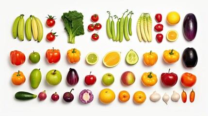 Poster - Collection fruits and vegetables isolated on a white background top view.