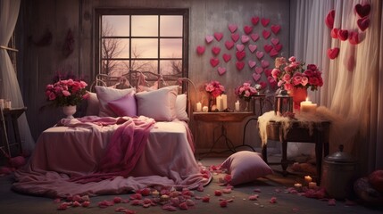 Poster - Interior of bedroom decorated for Valentine's Day in morning