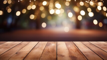 Fototapete - Wooden deck table over beautiful bokeh background