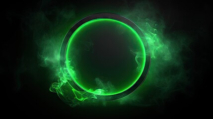 Wall Mural - Futuristic smoke. Neon green color geometric circle on a dark background. Round mystical portal. Mockup for your logo.