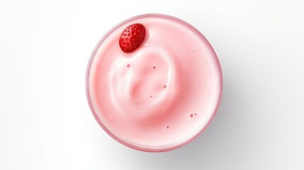 Poster - Glass of pink strawberry milkshake or cocktail isolated on white background. From top view