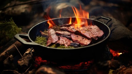 Poster - Campfire red meat in pan, near the fire outdoors. bushcraft, adventure, tea, knife and camping concept