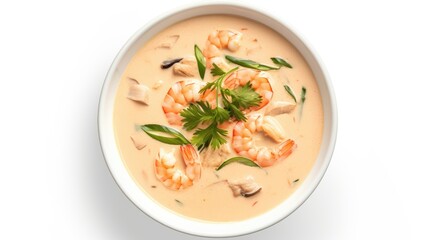 Aufkleber - Flat lay, top view Spicy Thai Prawn Coconut Milk soup isolated on white background