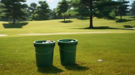 Two garbage cans green plastic buckets on grass