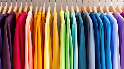 Poster - Fashion clothes on clothing rack - bright colorful closet. Closeup of rainbow color choice of trendy female wear on hangers in store closet or spring cleaning concept. Summer home wardrobe.