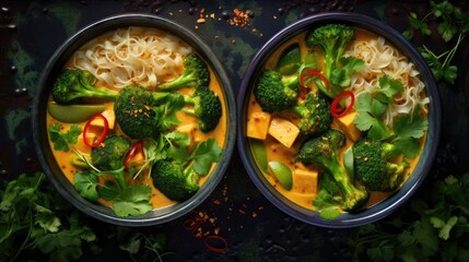 Poster - Vegan curry laksa with rice noodles, broccoli and tofu in blue bowls, gray background, top view.