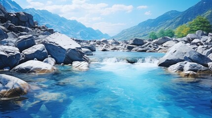 Leinwandbilder - BLUBBLING WATER STREAM, FRESH BLUE BACKDROP, COLD WATER RIVER IN MOUNTAIN LANDSCAPE, NATURAL REFRESHING DESIGN