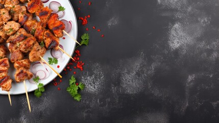 Poster - Chicken kebab skewers on a plate over light grey slate, stone or concrete background . Top view with copy space.