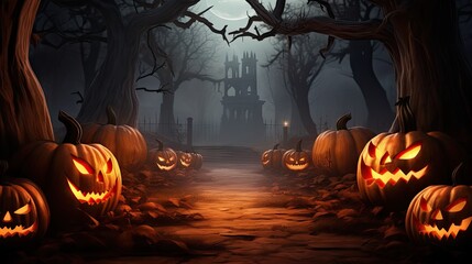 Poster - Halloween with Pumpkins and Dark Forest. Scary Jack O' Lantern Halloween Design on Table