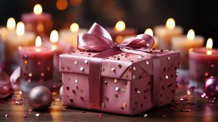 Wall Mural - Luxury gift box with romantic candles on the table, festive still life, blurry background