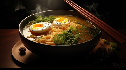 Poster - Hot Noodle Curry Asian Hong Kong Japanese Ramen Soup Hot Food South Asian Egg Mushroom Chopsticks SeaWeed Bouillon Cabbage Steamy Food Dark Mood