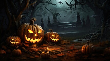 Poster - Halloween with Pumpkins and Dark Forest. Scary Jack O' Lantern Halloween Design on Table
