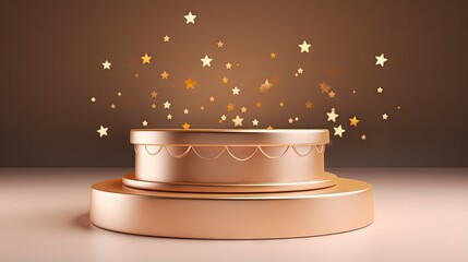 Poster - Golden podium with hearts and stars. Women's Day, Mother's Day, Wedding, Anniversary, Valentins Day. Platform for product, cosmetic presentation. Mock up. Pedestal for beauty products. 3D rendering.