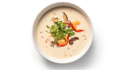 Poster - Flat lay, top view Spicy Thai Prawn Coconut Milk soup isolated on white background