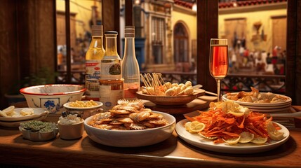 Wall Mural - Snacks with cod fish in tapas bar in Spain, traditional Spanish food