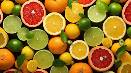 Poster - Many different citrus fruits as background, top view