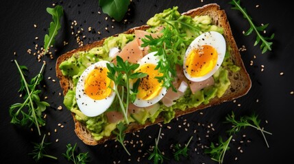 Canvas Print - Tuna toast. Open sandwiches with whole grain bread, canned tuna, boiled egg, avocado and arugula. Top view