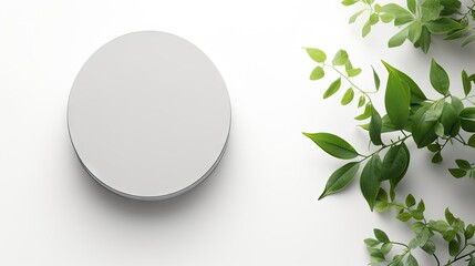 Poster - Empty round podium and green leaves on light grey background top view. Pedestal and fresh natural branches for cosmetic advertising. Eco product presentation mockup. Top view. Minimal flat lay.