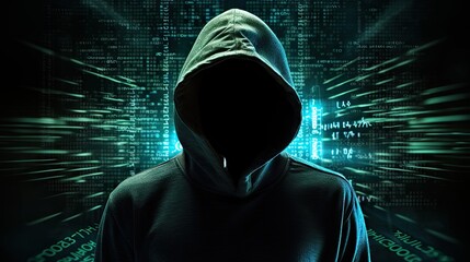 Poster - Computer hacker silhouette of hooded man with binary data and network security terms