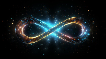 glowing multicolored infinity symbol galaxy black cosmos, singularity sign isolated on background