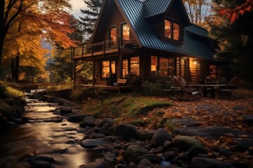 Wall Mural - A beautiful cozy fall cabin in the wilderness.