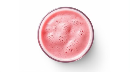 Wall Mural - Glass of pink strawberry milkshake or cocktail isolated on white background. From top view