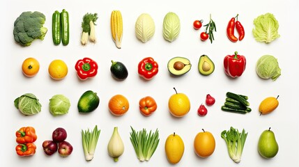 Poster - Collection fruits and vegetables isolated on a white background top view.