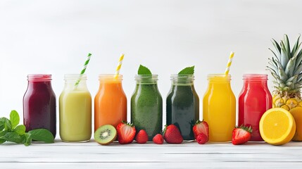 Poster - Assortment of fruit and vegetables smoothies in glass bottles with straws on white wooden background. Fresh organic Smoothie ingredients. Superfoods and health or detox diet food concept.