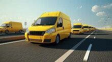 Four Yellow Modern Delivery Small Shipment Cargo Courier Van Moving Fast On Motorway Road To City Urban Suburb. Caravan Or Convoy Of Mini Van In Line On A Highway. Yellow Mini Van.