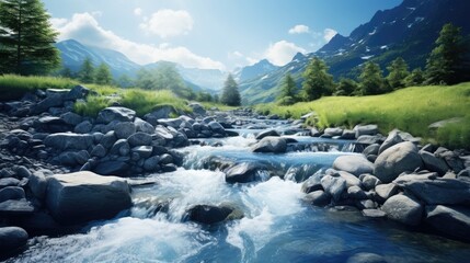 Leinwandbilder - BLUBBLING WATER STREAM, FRESH BLUE BACKDROP, COLD WATER RIVER IN MOUNTAIN LANDSCAPE, NATURAL REFRESHING DESIGN