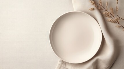 Aufkleber - Plate mockup, empty modern minimal table place setting neutral beige color top view.Flowers cotton branch. Space for text or menu .Business food brand template. Scandinavian style tableware.