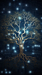 Poster - vertical background tree innovation, computer chip concept nature artificial intelligence, eco panorama narrow high