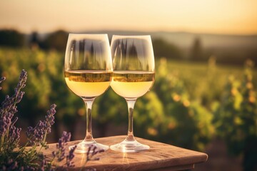   Two glasses with white wine on background of a lavender field.