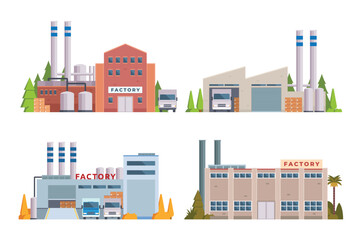 Wall Mural - factory buildings vector illustration collection. Flat design front view concept for city illustration