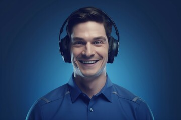 Poster - Smiling man working at customer service. Friendly guy with headphones at customer support. Generate ai