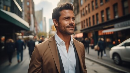 Poster - Handsome man walking with a determined look on the streets of new york.